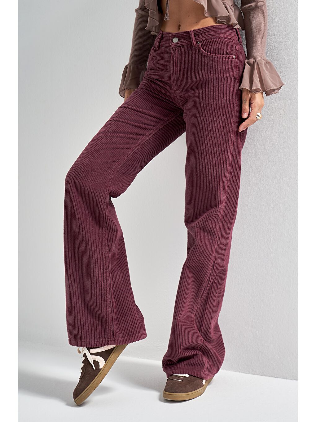 Bordo Kadın Mürdüm Renk 29w5-52 Midrise Flare Fit Kalın Fitilli Velvet Kumaş Kadife Pantolon-4