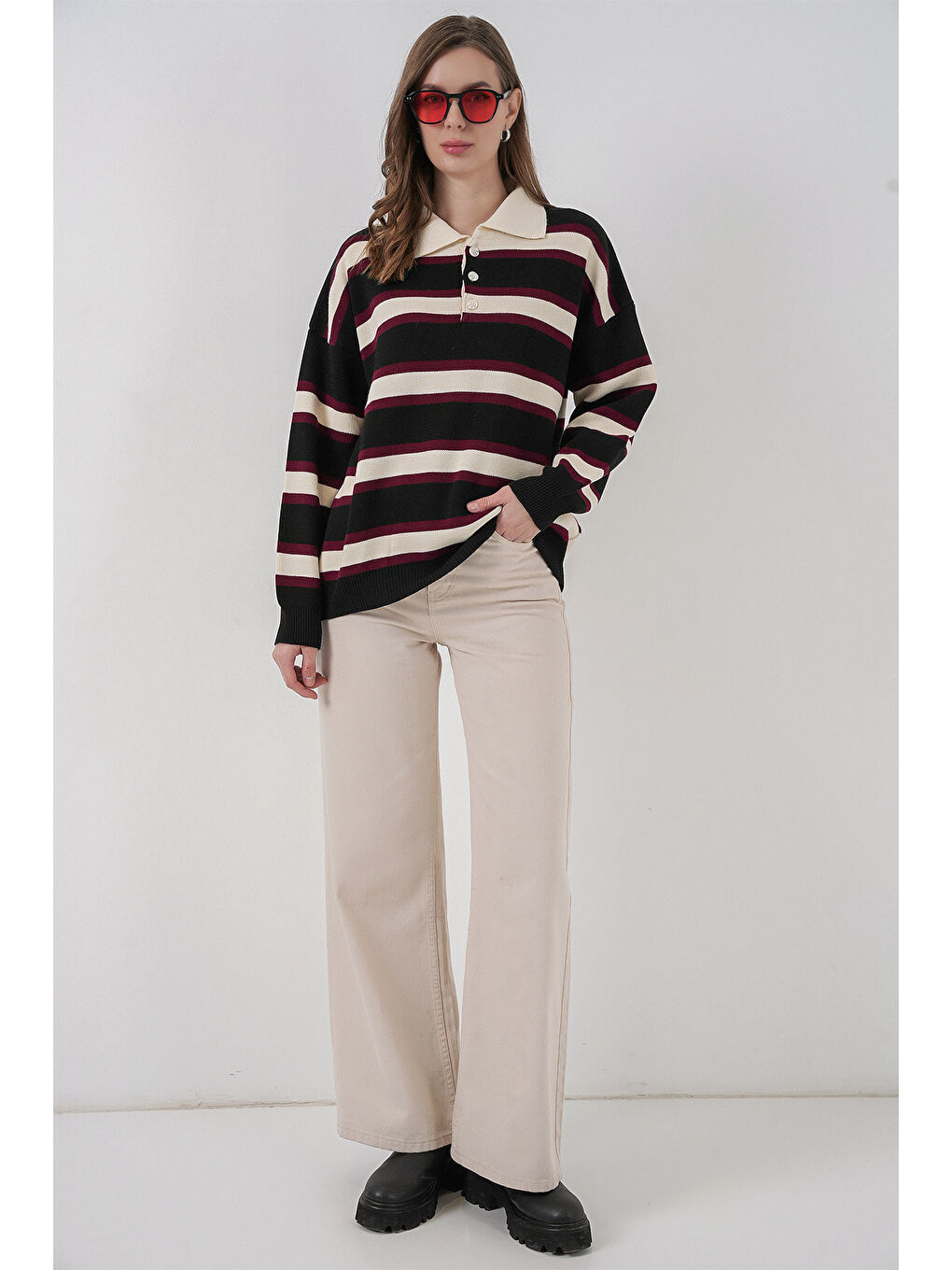 Kadın Çizgili Polo Yaka Triko Kazak 15952 - Siyah-2