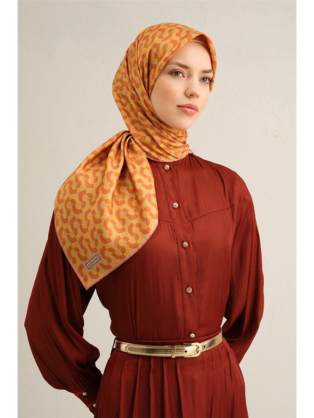 Turuncu Klasik Desenli Saf İpek Sura Eşarp 9321 51-1