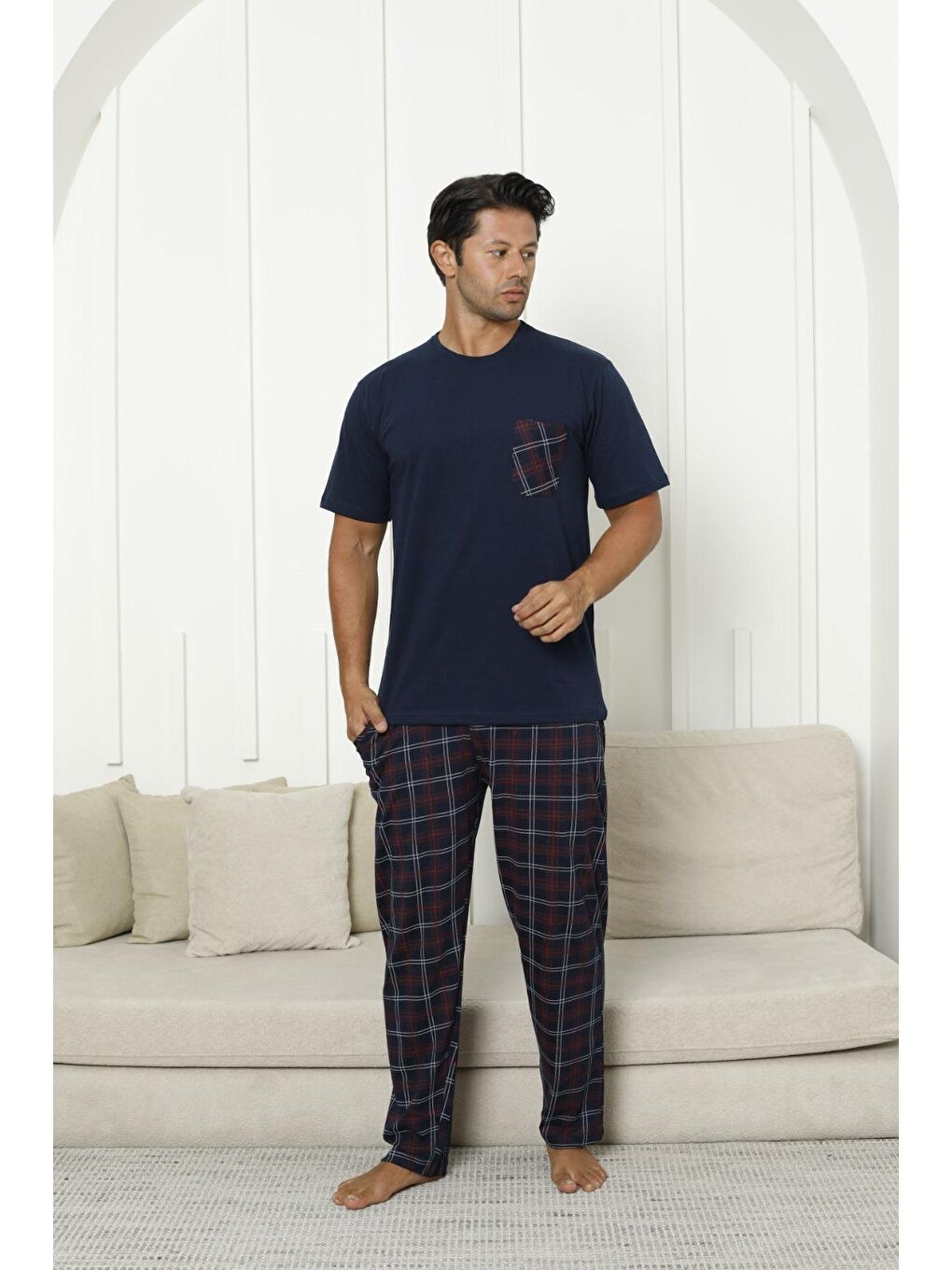 Lacivert Erkek %100 Organik Doğal Pamuk Ekose Cep Detaylı Yüksek Kalite Kısa Kollu Pijama Takımı-1