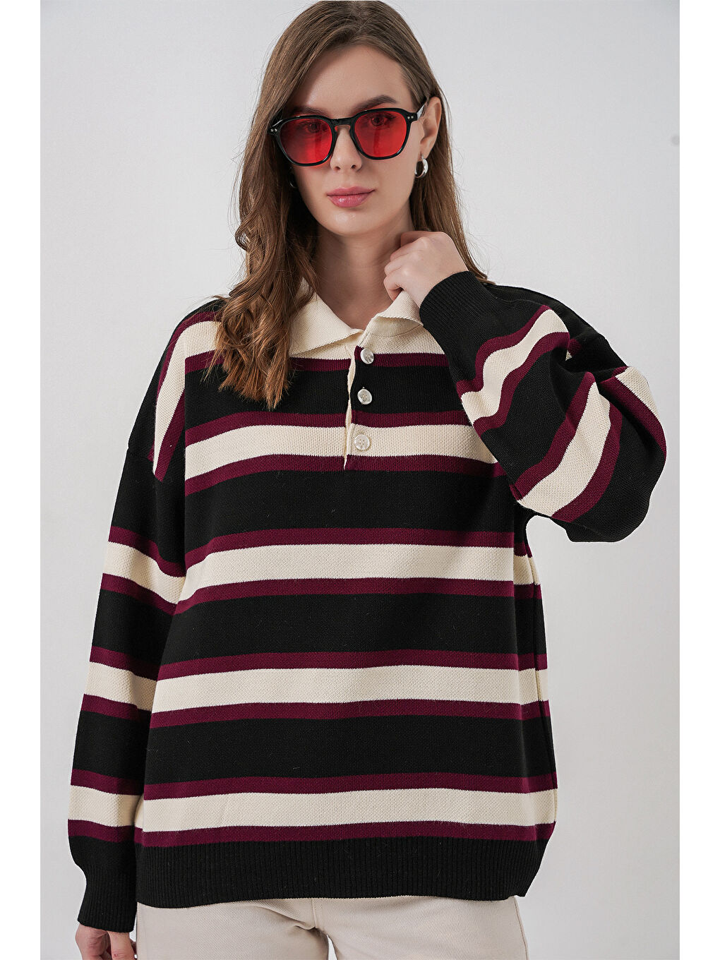 Kadın Çizgili Polo Yaka Triko Kazak 15952 - Siyah-3