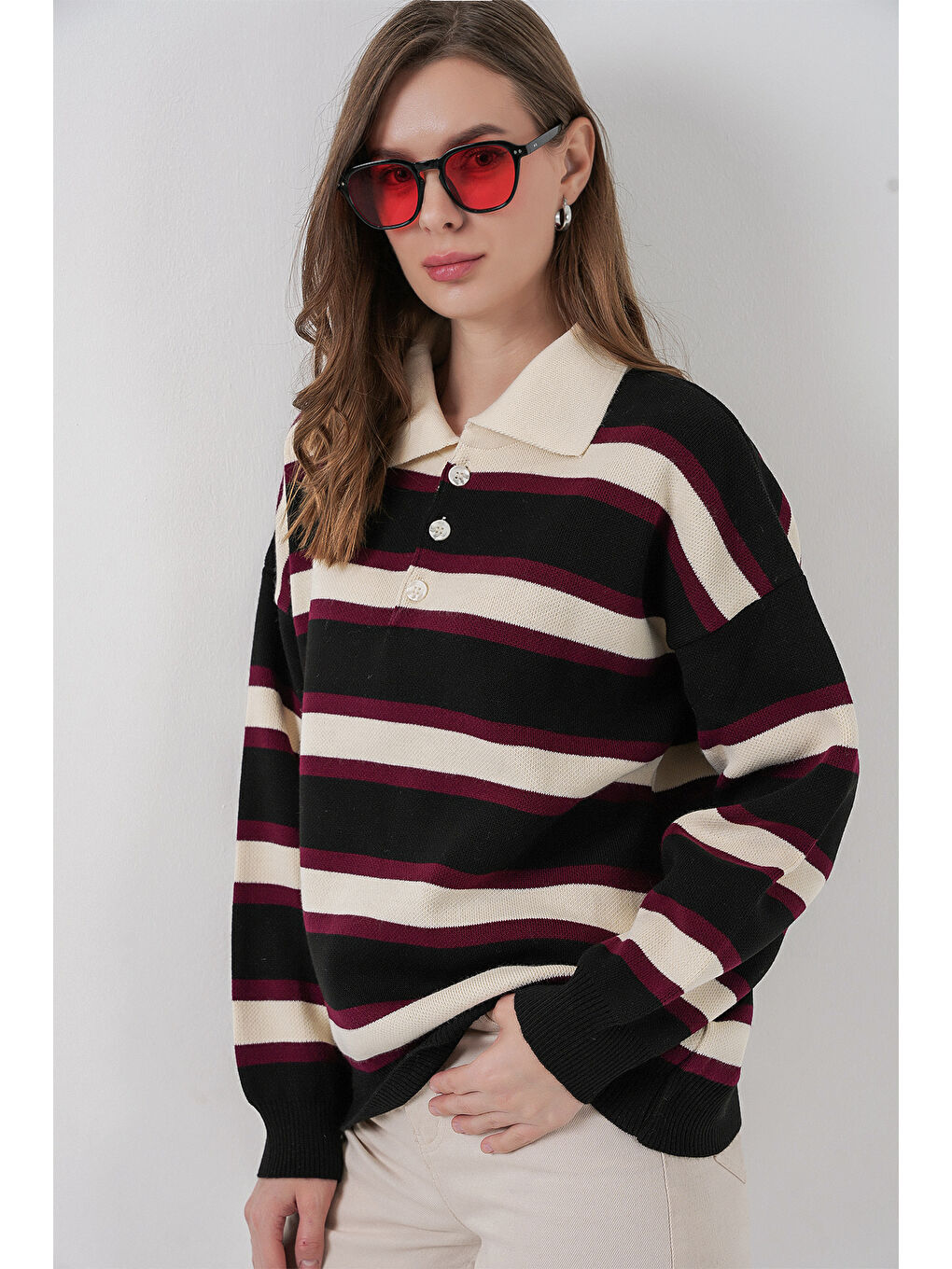 Kadın Çizgili Polo Yaka Triko Kazak 15952 - Siyah-4