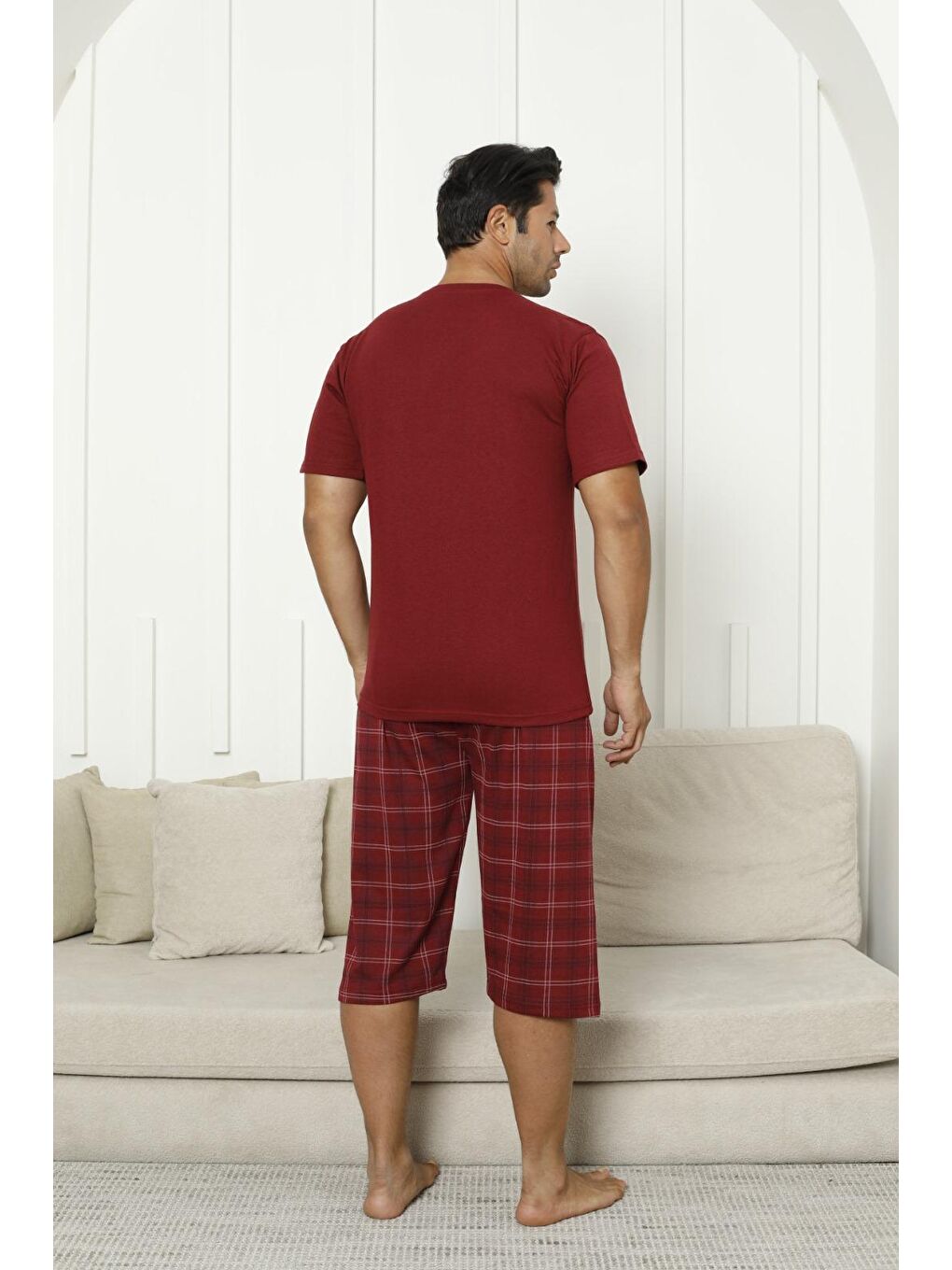 Bordo Erkek %100 Organik Doğal Pamuk Ekose Cep Detaylı Yüksek Kalite Kısa Kollu Pijama Takımı-1