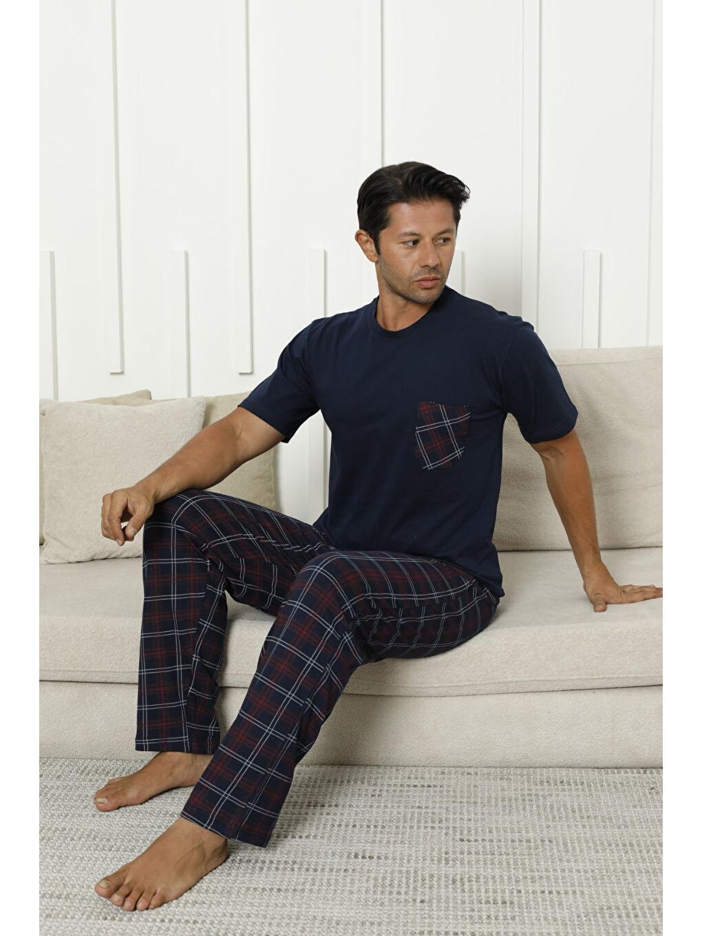 Lacivert Erkek %100 Organik Doğal Pamuk Ekose Cep Detaylı Yüksek Kalite Kısa Kollu Pijama Takımı-2