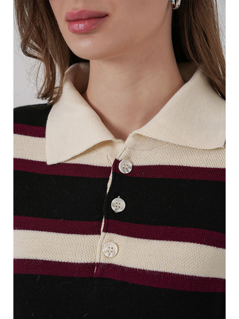 Kadın Çizgili Polo Yaka Triko Kazak 15952 - Siyah-5