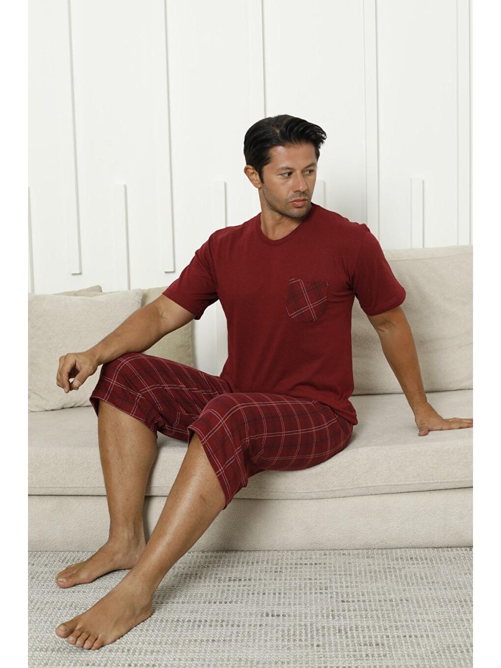 Bordo Erkek %100 Organik Doğal Pamuk Ekose Cep Detaylı Yüksek Kalite Kısa Kollu Pijama Takımı-2