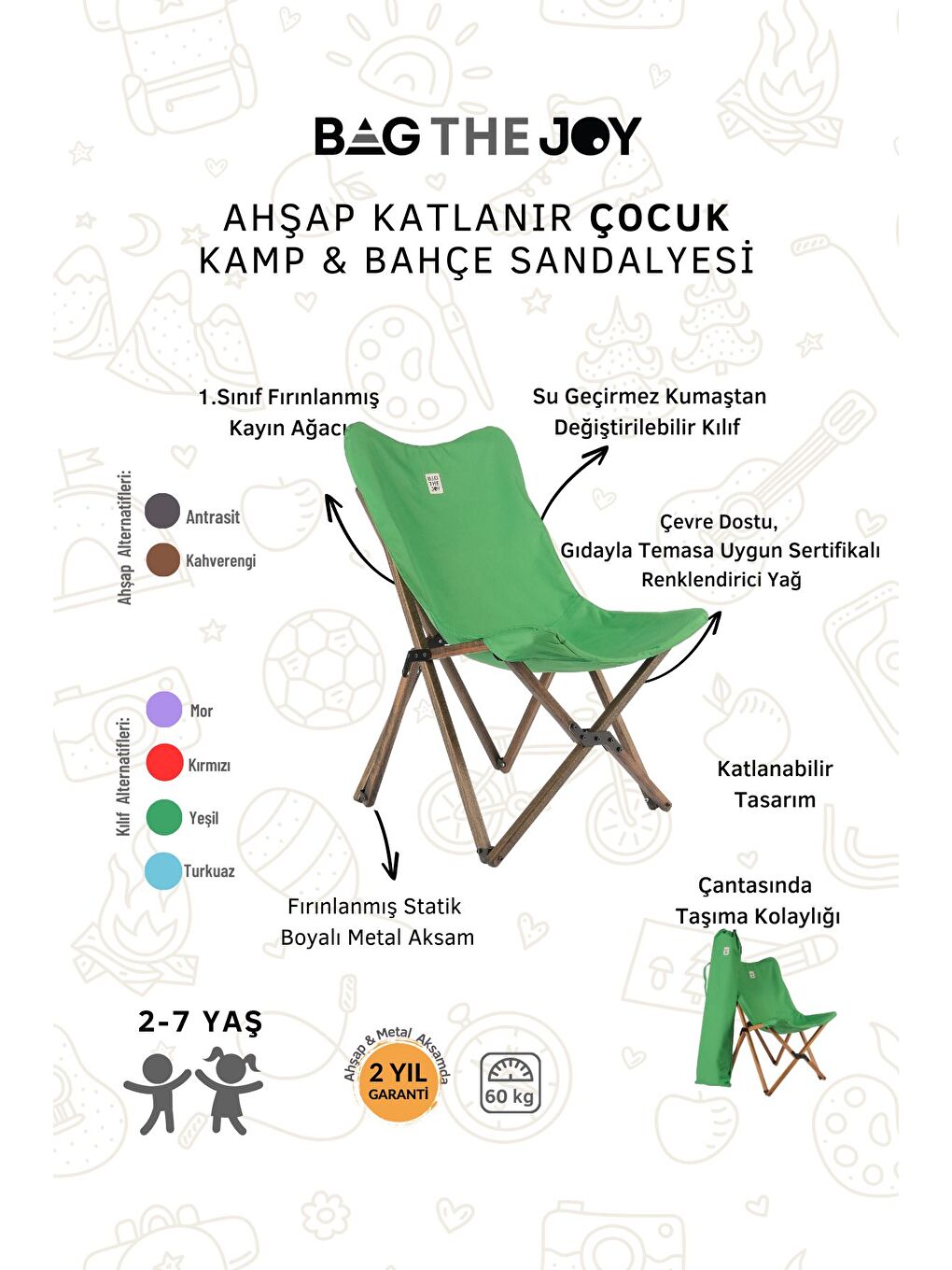 Bag The Joy Yeşil Kıds Katlanır Ahşap Kamp   Bahçe Sandalyesi Antrasit İskelet   Yeşil Kılıf - 3