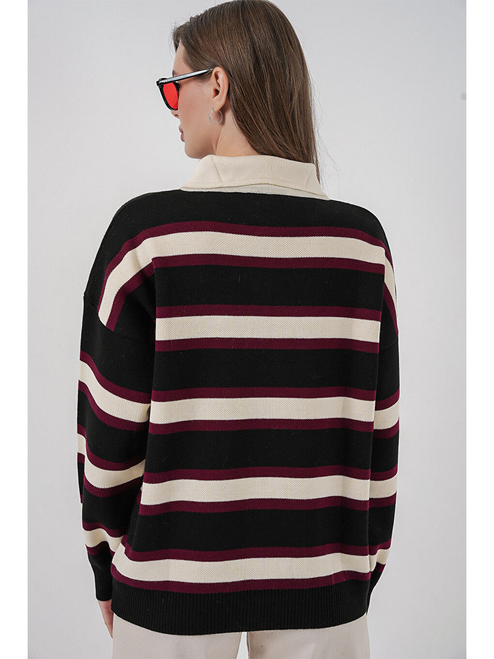 Kadın Çizgili Polo Yaka Triko Kazak 15952 - Siyah-6