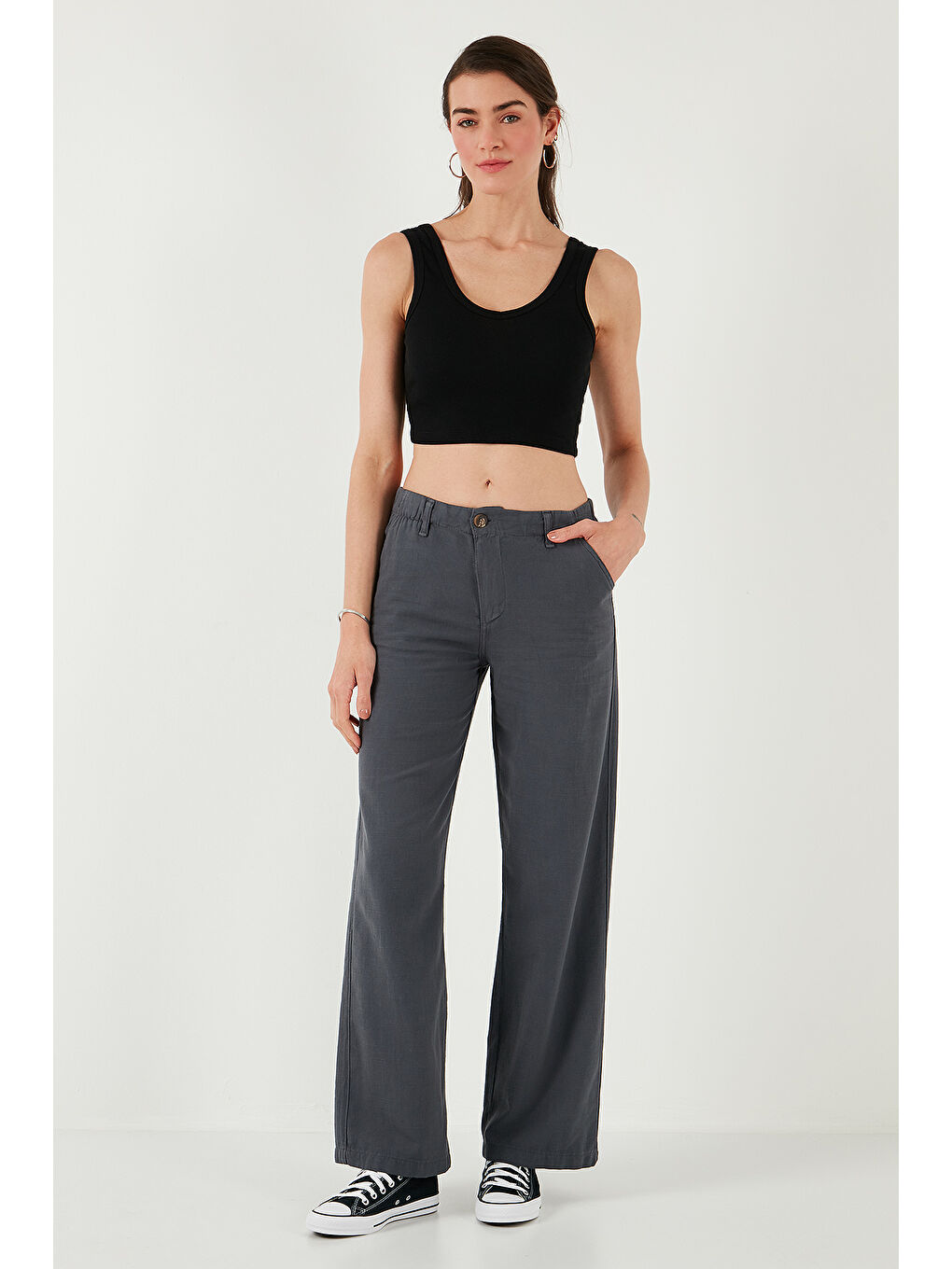 Antrasit Pamuklu Standart Fit Yüksek Bel Geniş Paça Pantolon 668Yp5193-4