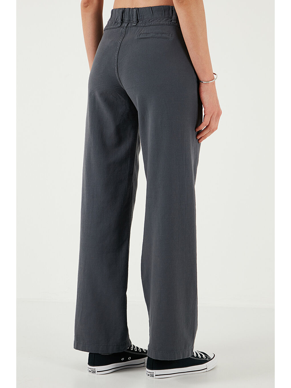 Antrasit Pamuklu Standart Fit Yüksek Bel Geniş Paça Pantolon 668Yp5193-6