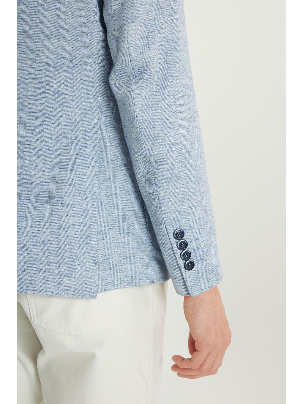 Erkek Mavi Keten Slim Fit Dar Kesim Kırlangıç Yaka Balıksırtı Desenli Blazer Ceket-4