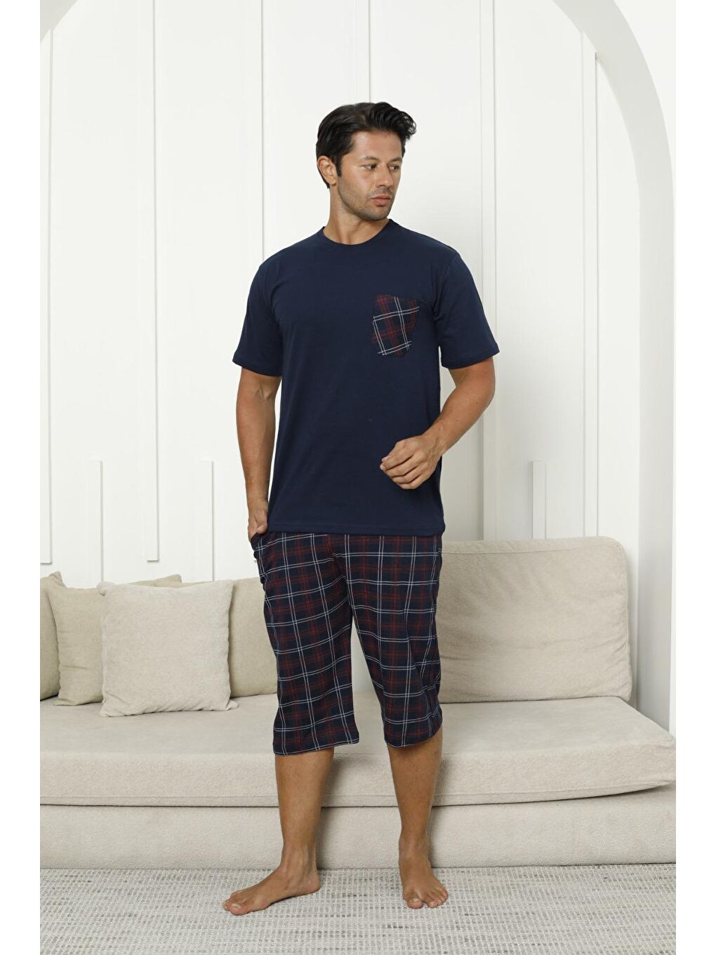 Lacivert Erkek %100 Organik Doğal Pamuk Ekose Cep Detaylı Yüksek Kalite Kısa Kollu Battal Pijama Takımı-1