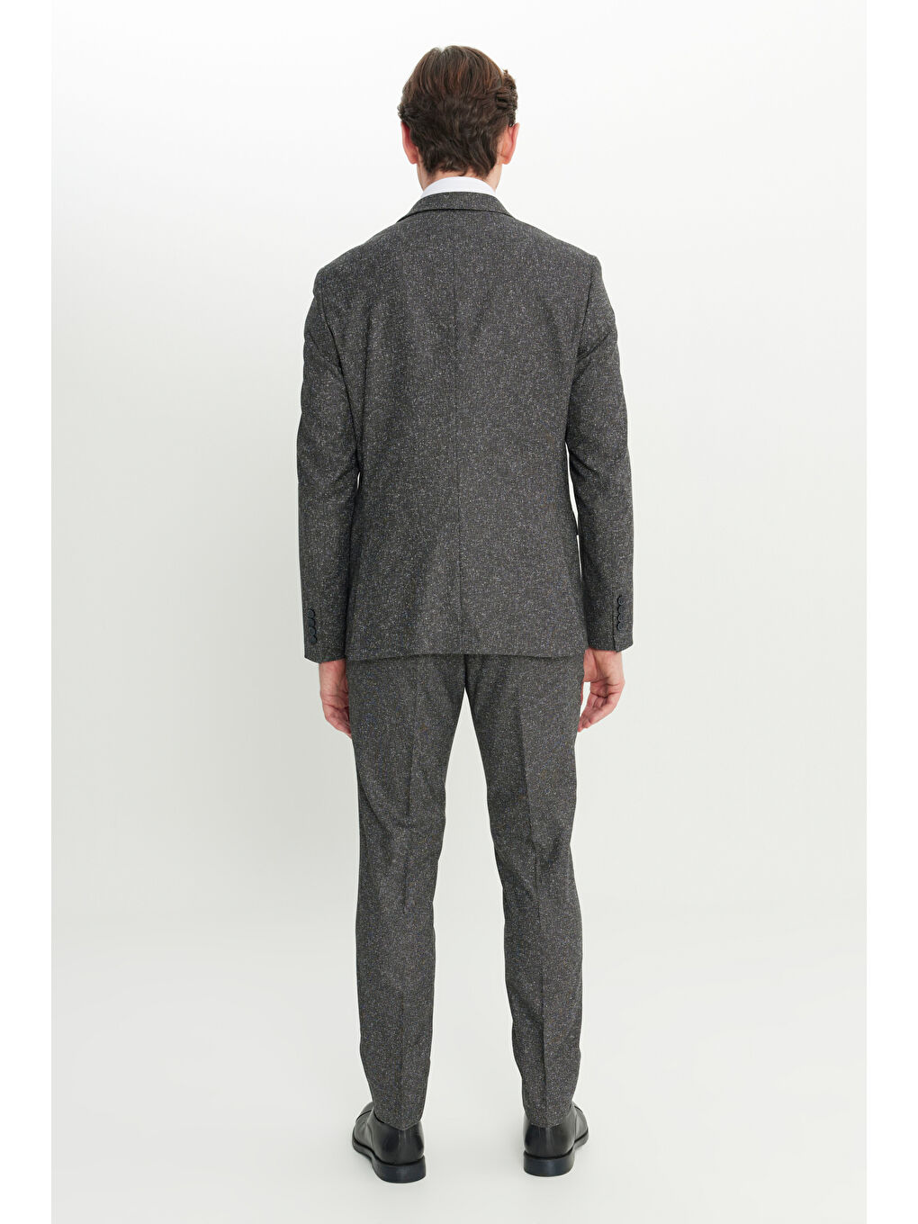 Erkek Siyah-Gri Slim Fit Dar Kesim Mono Yaka Kapak Cepli Tweet Desenli Esnek Takım Elbise-6