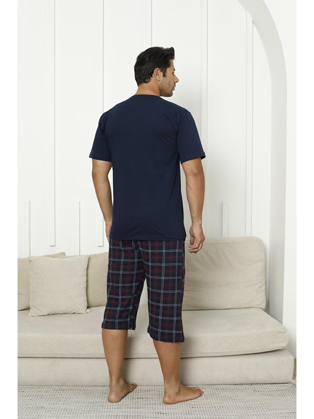 Lacivert Erkek %100 Organik Doğal Pamuk Ekose Cep Detaylı Yüksek Kalite Kısa Kollu Battal Pijama Takımı-2
