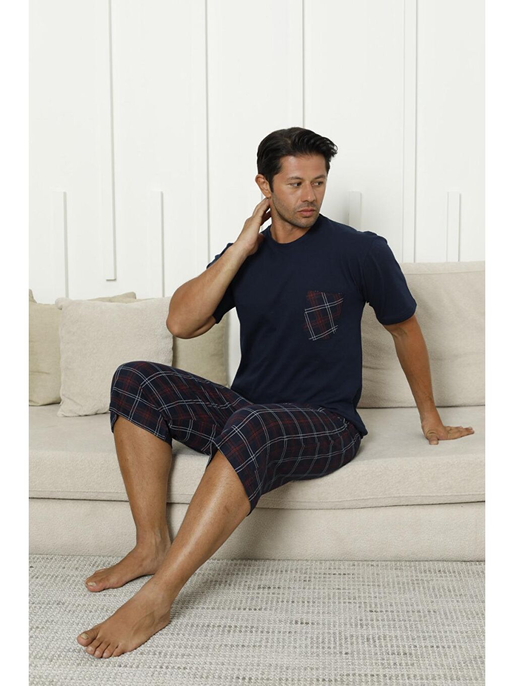 Lacivert Erkek %100 Organik Doğal Pamuk Ekose Cep Detaylı Yüksek Kalite Kısa Kollu Battal Pijama Takımı-3