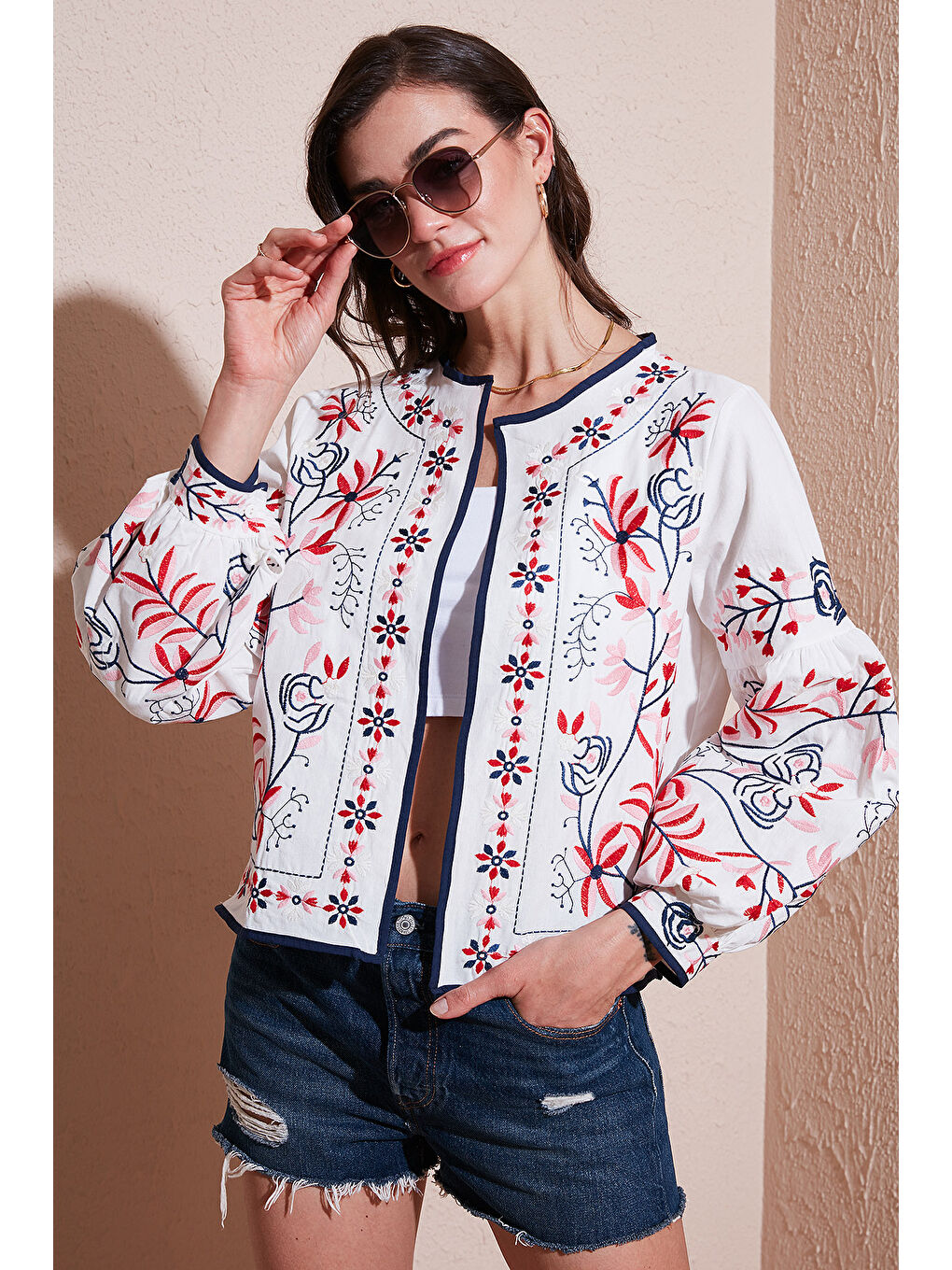 Lela Ekru Pamuklu Regular Fit Çiçekli Nakış İşlemeli Ceket 676223 - 2