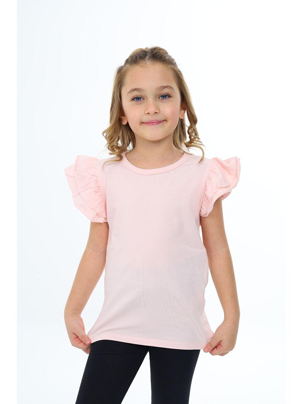 Pembe Kız Çocuk Baskılı Bisiklet Yaka Kolu Fırfırlı Tişört