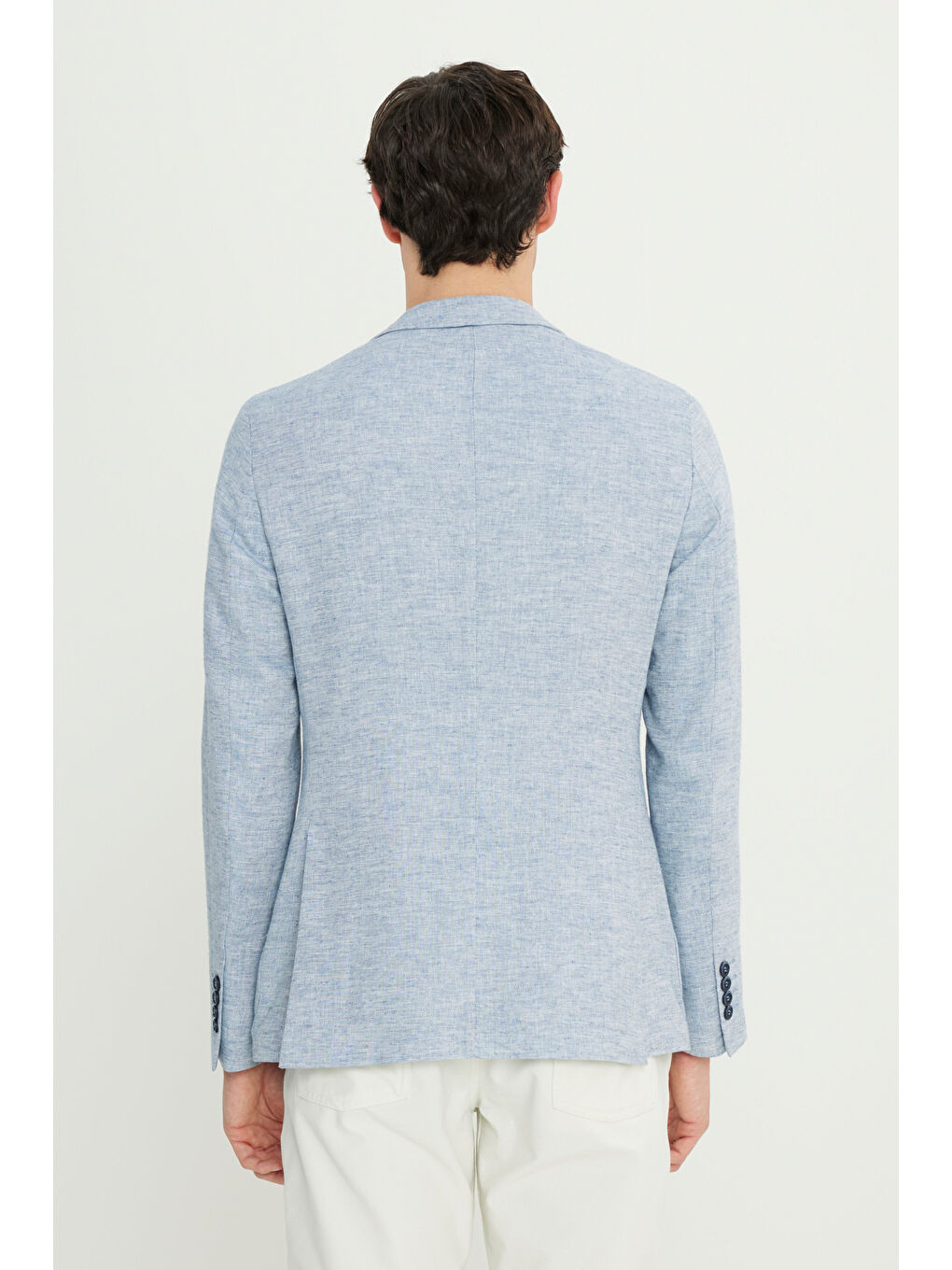 Erkek Mavi Keten Slim Fit Dar Kesim Kırlangıç Yaka Balıksırtı Desenli Blazer Ceket-5