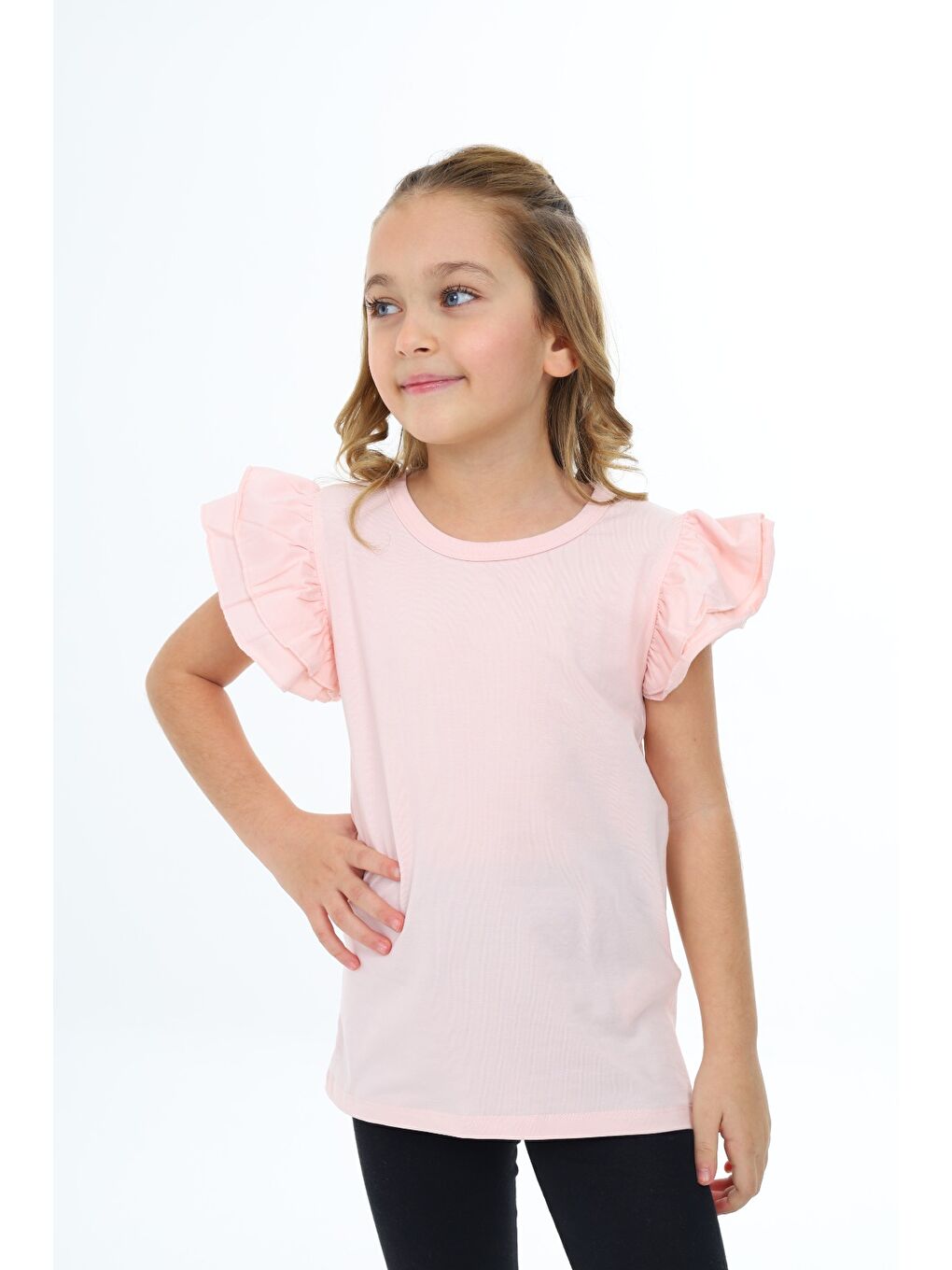 Pembe Kız Çocuk Baskılı Bisiklet Yaka Kolu Fırfırlı Tişört-1