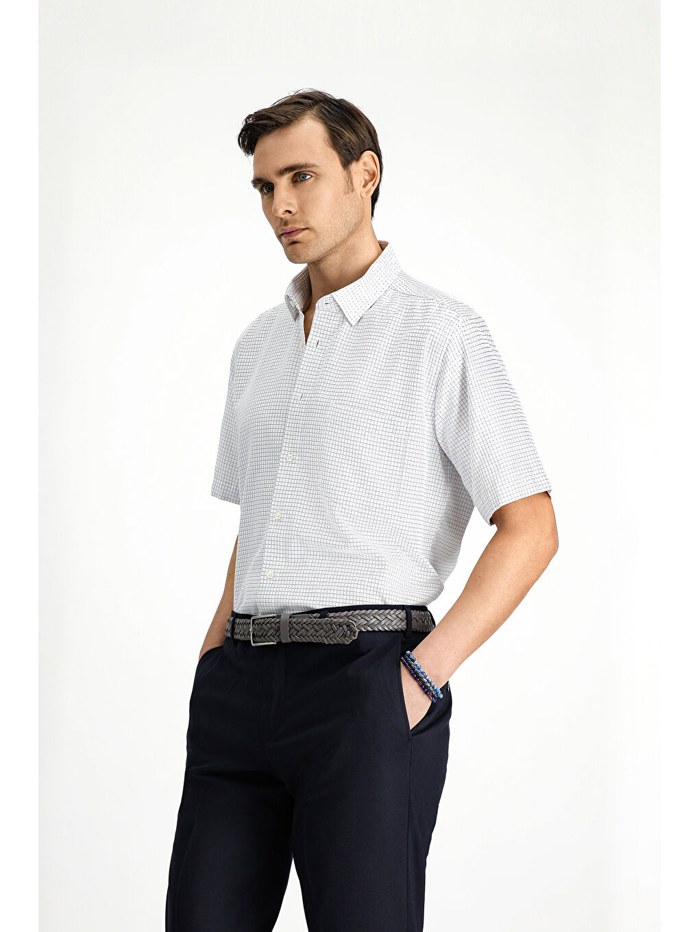 Beyaz Kısa Kol Regular Fit Ekose Pamuklu Kolay Ütülenebilir Gömlek