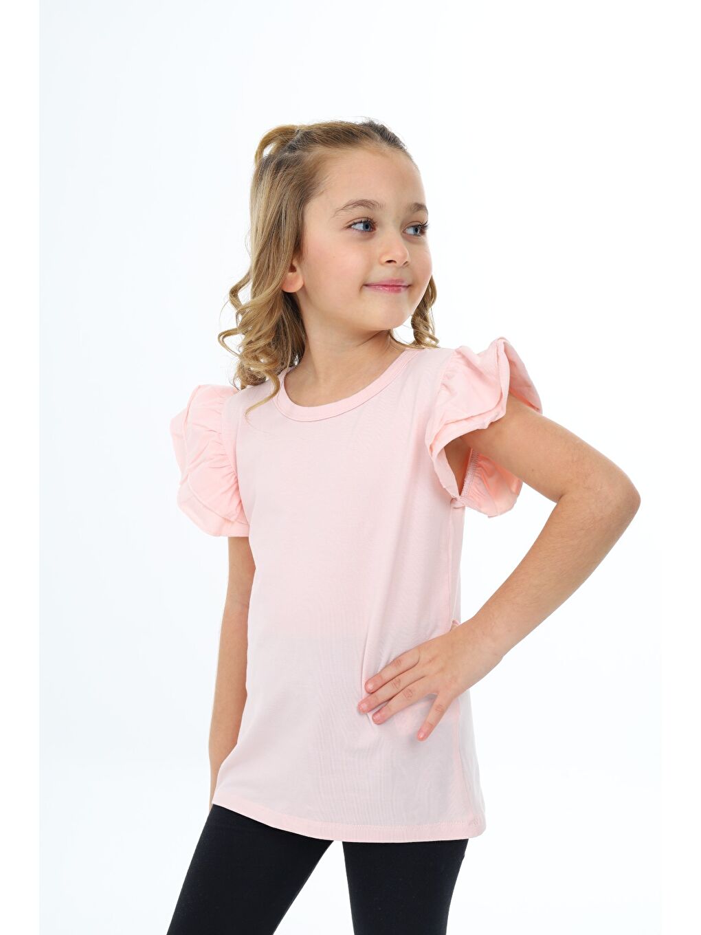 Pembe Kız Çocuk Baskılı Bisiklet Yaka Kolu Fırfırlı Tişört-2