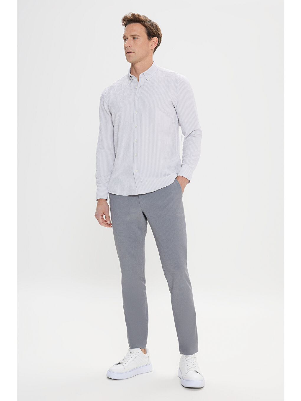 Bej Erkek Taş Slim Fit Dar Kesim Keten Görünümlü Gofre Desenli Düğmeli Yaka Gömlek-1