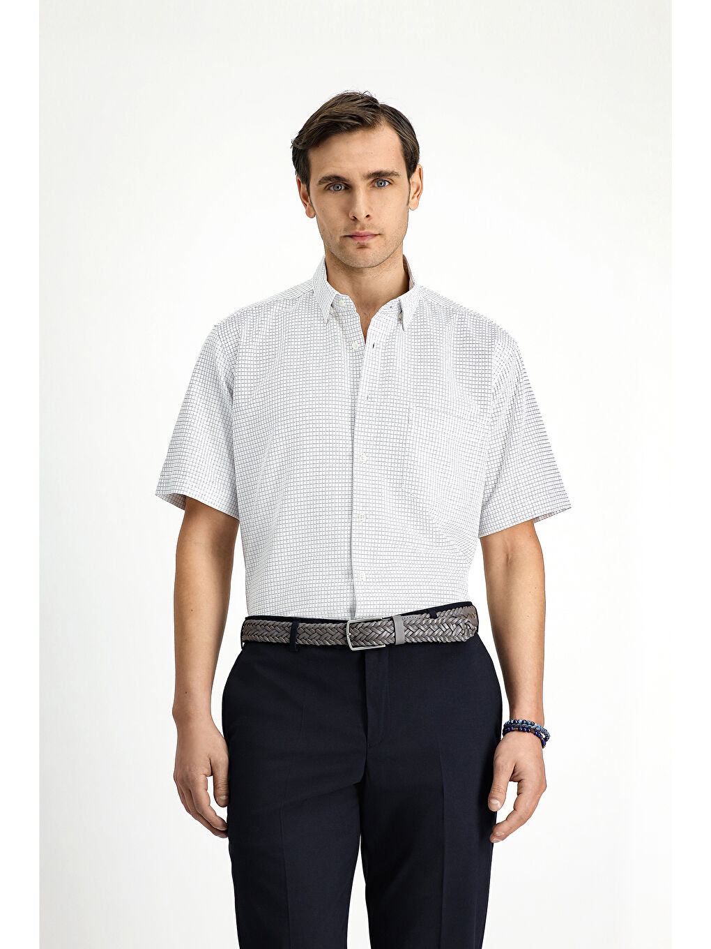 Beyaz Kısa Kol Regular Fit Ekose Pamuklu Kolay Ütülenebilir Gömlek-2