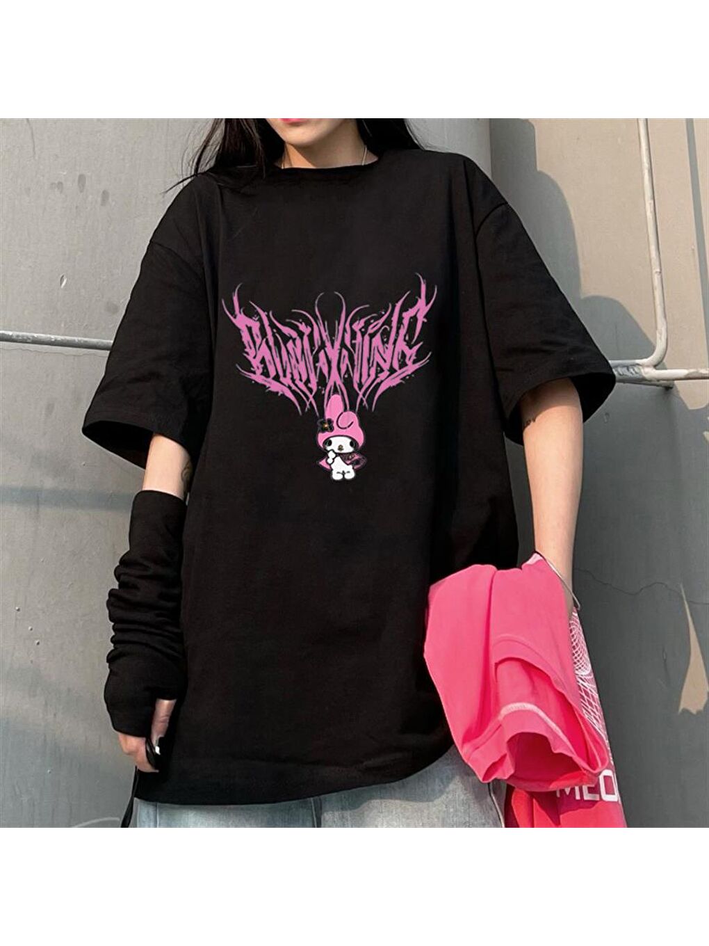 Touz Moda Siyah Melody Pink Siyah Unisex Oversize T-shirt