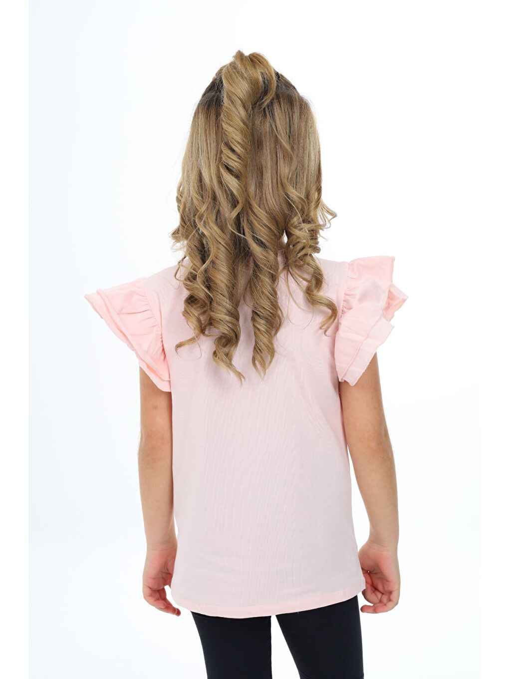 Pembe Kız Çocuk Baskılı Bisiklet Yaka Kolu Fırfırlı Tişört-3