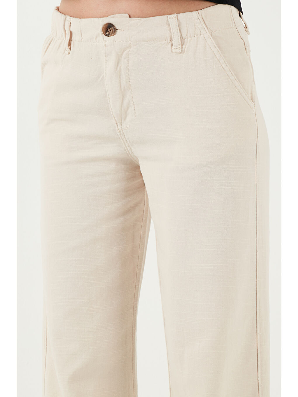 Bej Pamuklu Standart Fit Yüksek Bel Geniş Paça Pantolon 668Yp5193-5