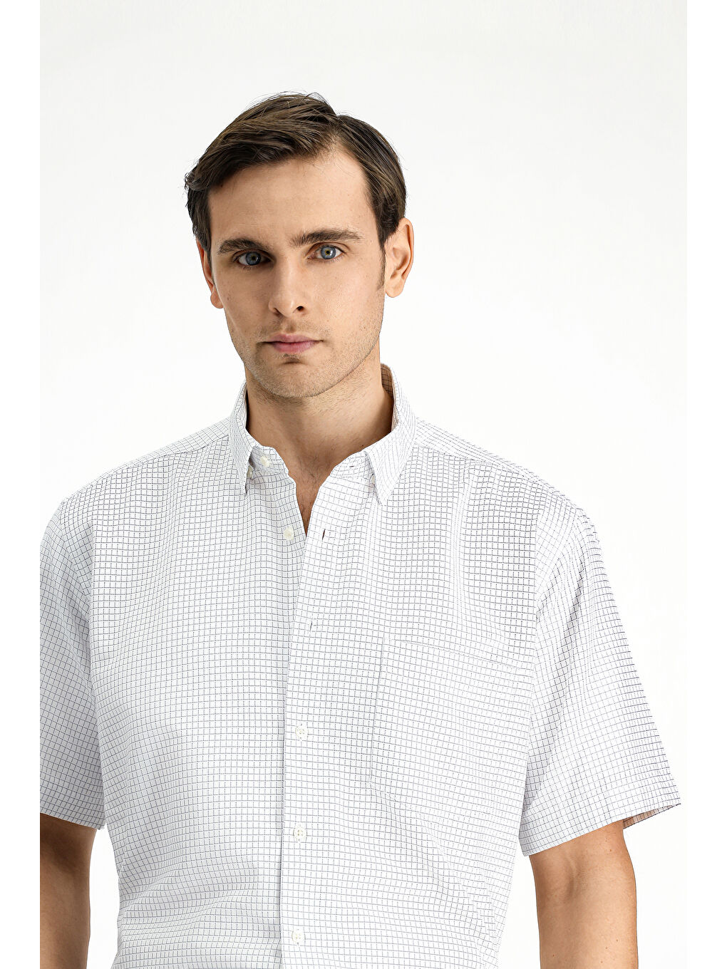 Beyaz Kısa Kol Regular Fit Ekose Pamuklu Kolay Ütülenebilir Gömlek-3