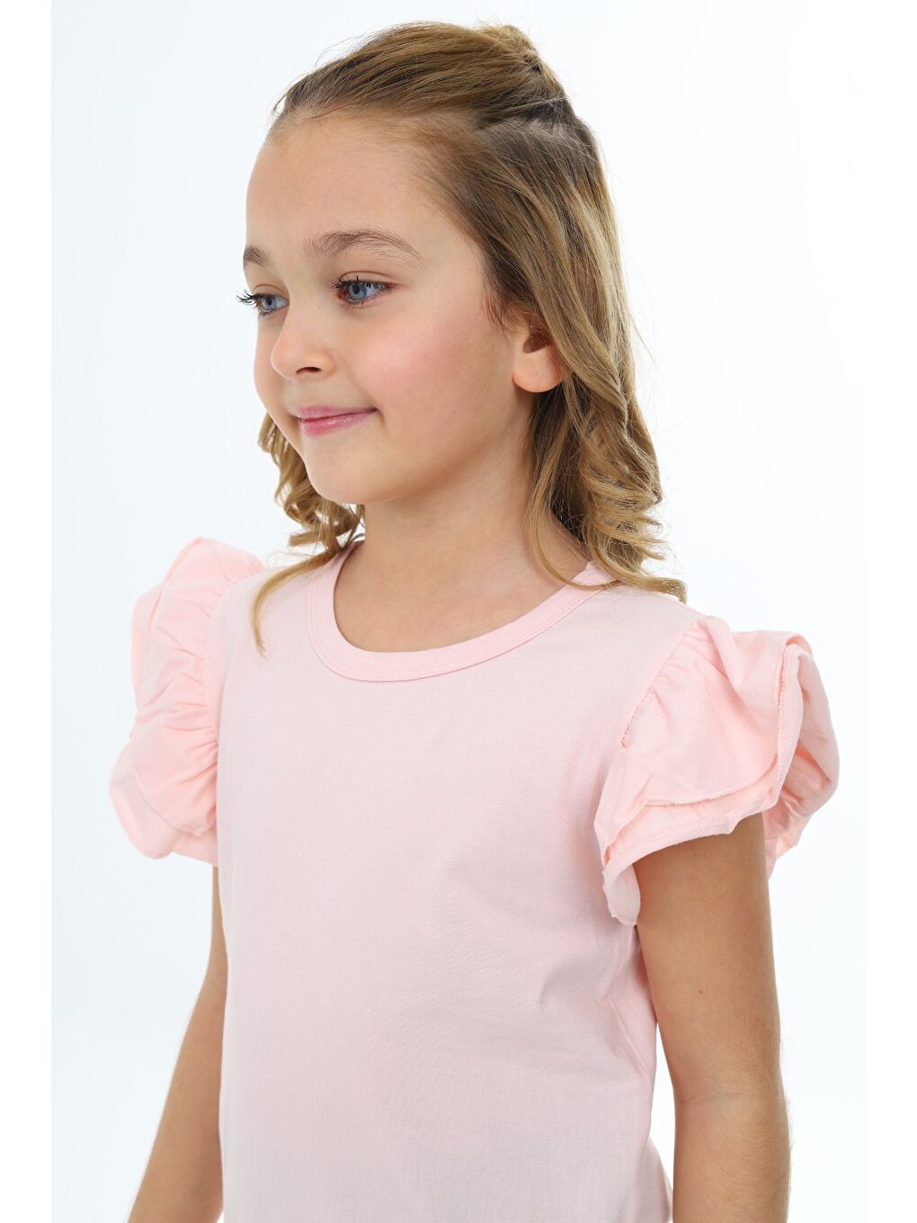 Pembe Kız Çocuk Baskılı Bisiklet Yaka Kolu Fırfırlı Tişört-4