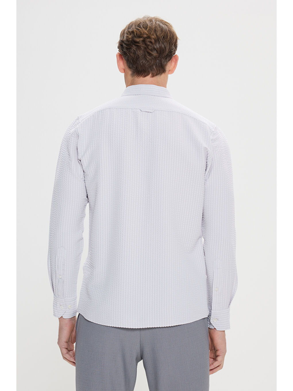 Bej Erkek Taş Slim Fit Dar Kesim Keten Görünümlü Gofre Desenli Düğmeli Yaka Gömlek-4