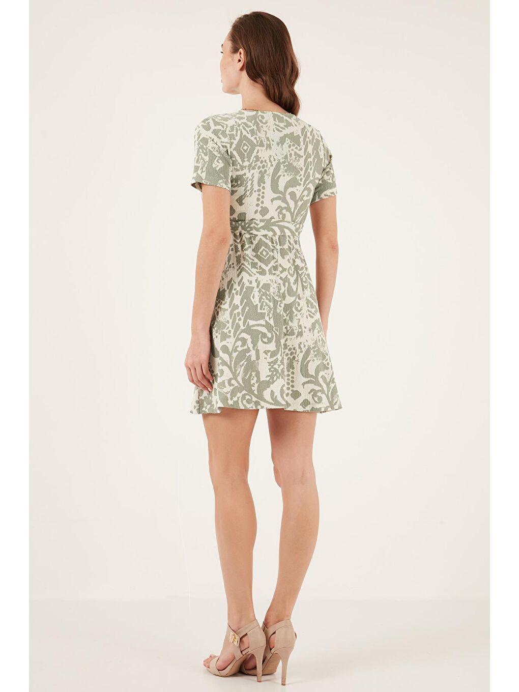 Yeşil Desenli Kruvaze Yaka Regular Fit Elbise 5865723-4