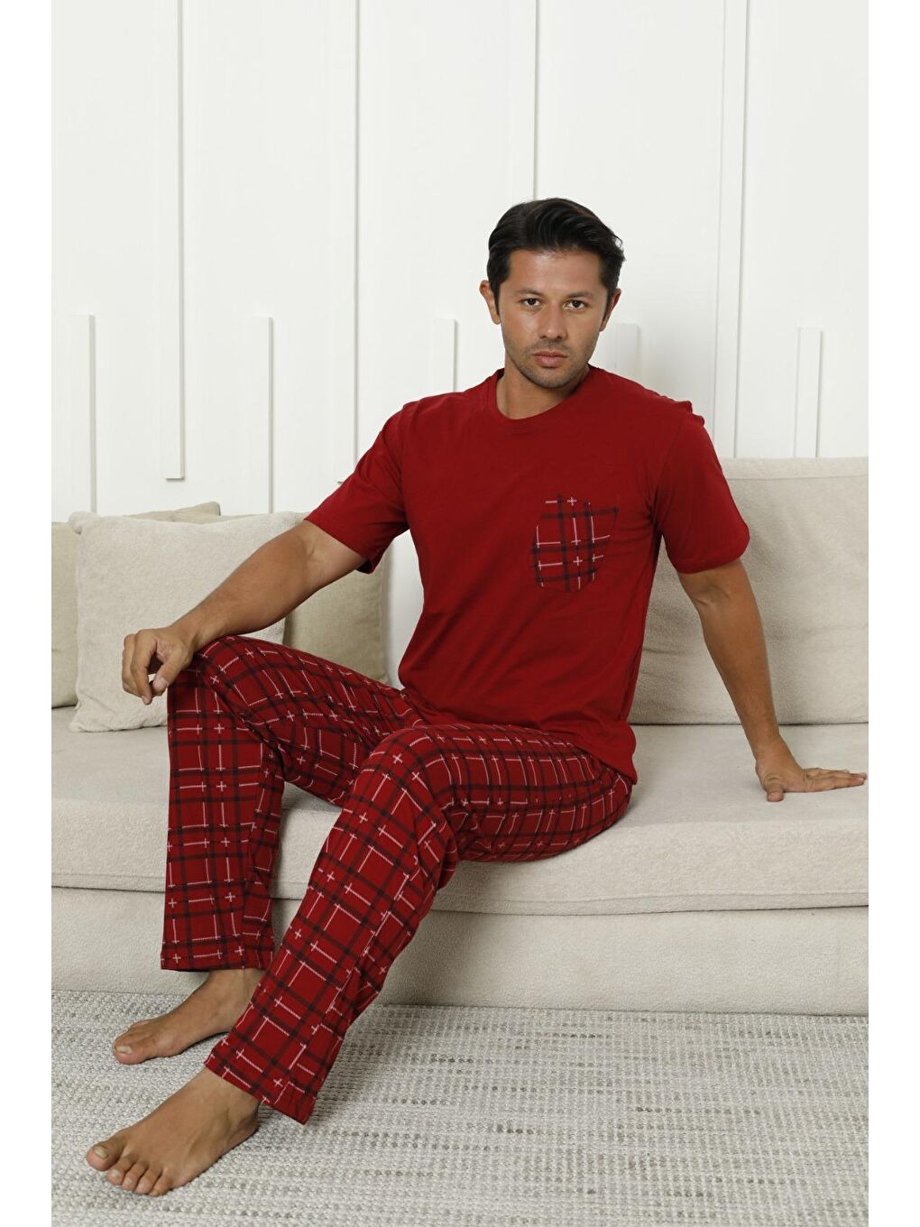 Bordo Erkek %100 Organik Doğal Pamuk Ekose Cep Detaylı Yüksek Kalite Kısa Kollu Battal Pijama Takımı-2