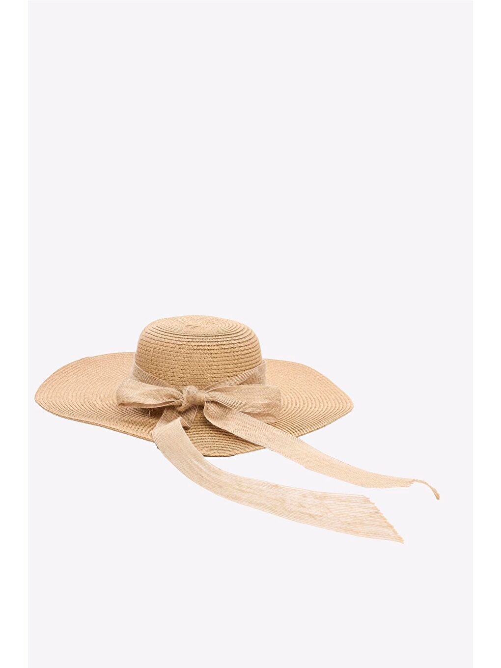 Fiyonklu Bej Renk Hasır Plaj Şapkası 2043-1