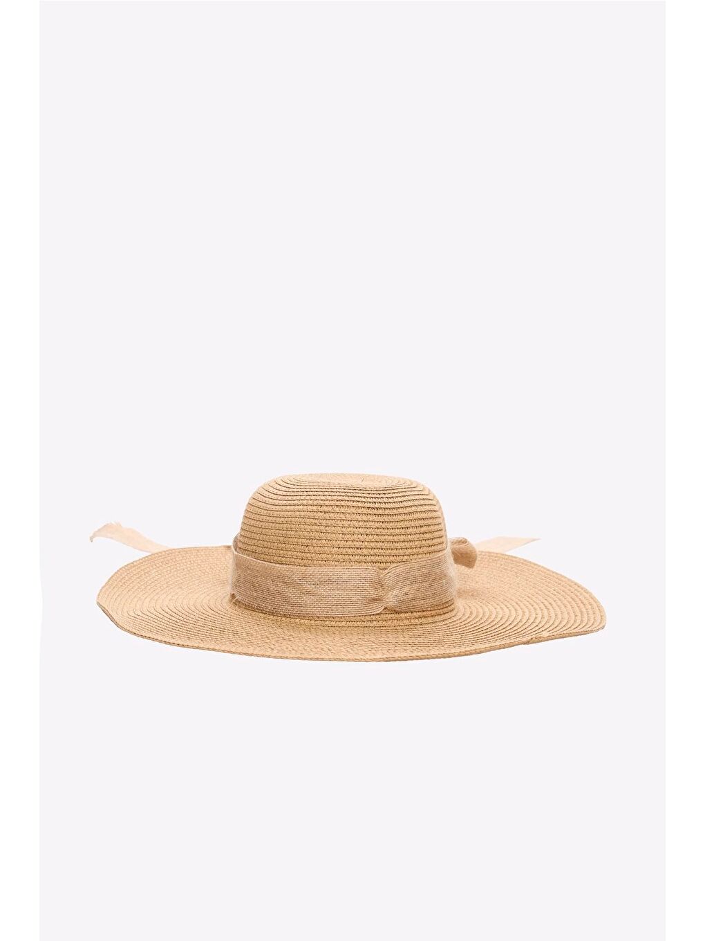 Fiyonklu Bej Renk Hasır Plaj Şapkası 2043-2