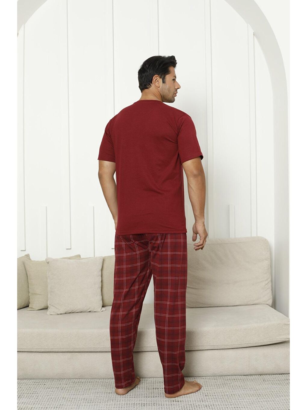 Bordo Erkek %100 Organik Doğal Pamuk Ekose Cep Detaylı Yüksek Kalite Kısa Kollu Pijama Takımı-1