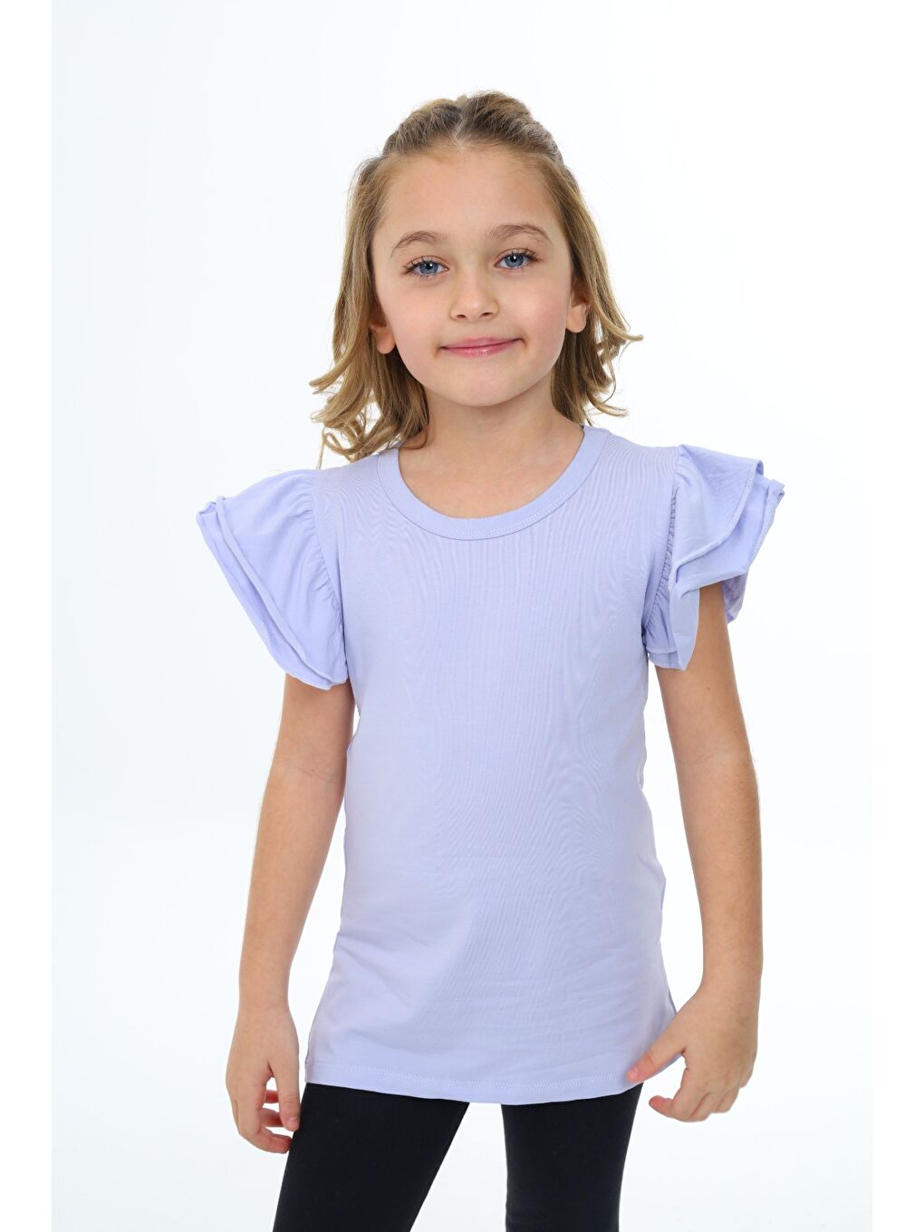 Lila Kız Çocuk Baskılı Bisiklet Yaka Kolu Fırfırlı Tişört