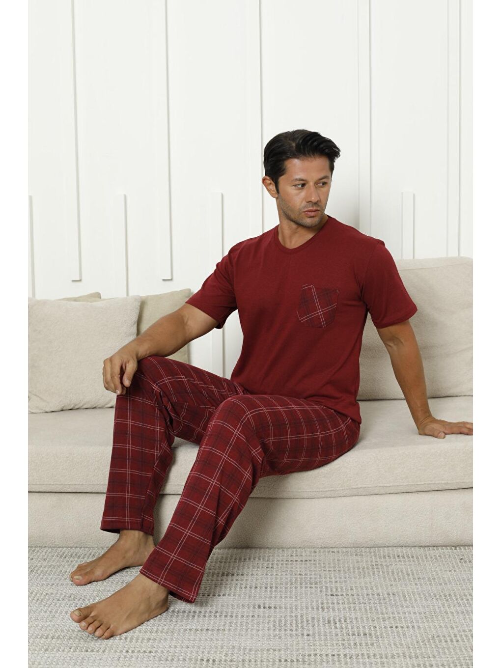 Bordo Erkek %100 Organik Doğal Pamuk Ekose Cep Detaylı Yüksek Kalite Kısa Kollu Pijama Takımı-2