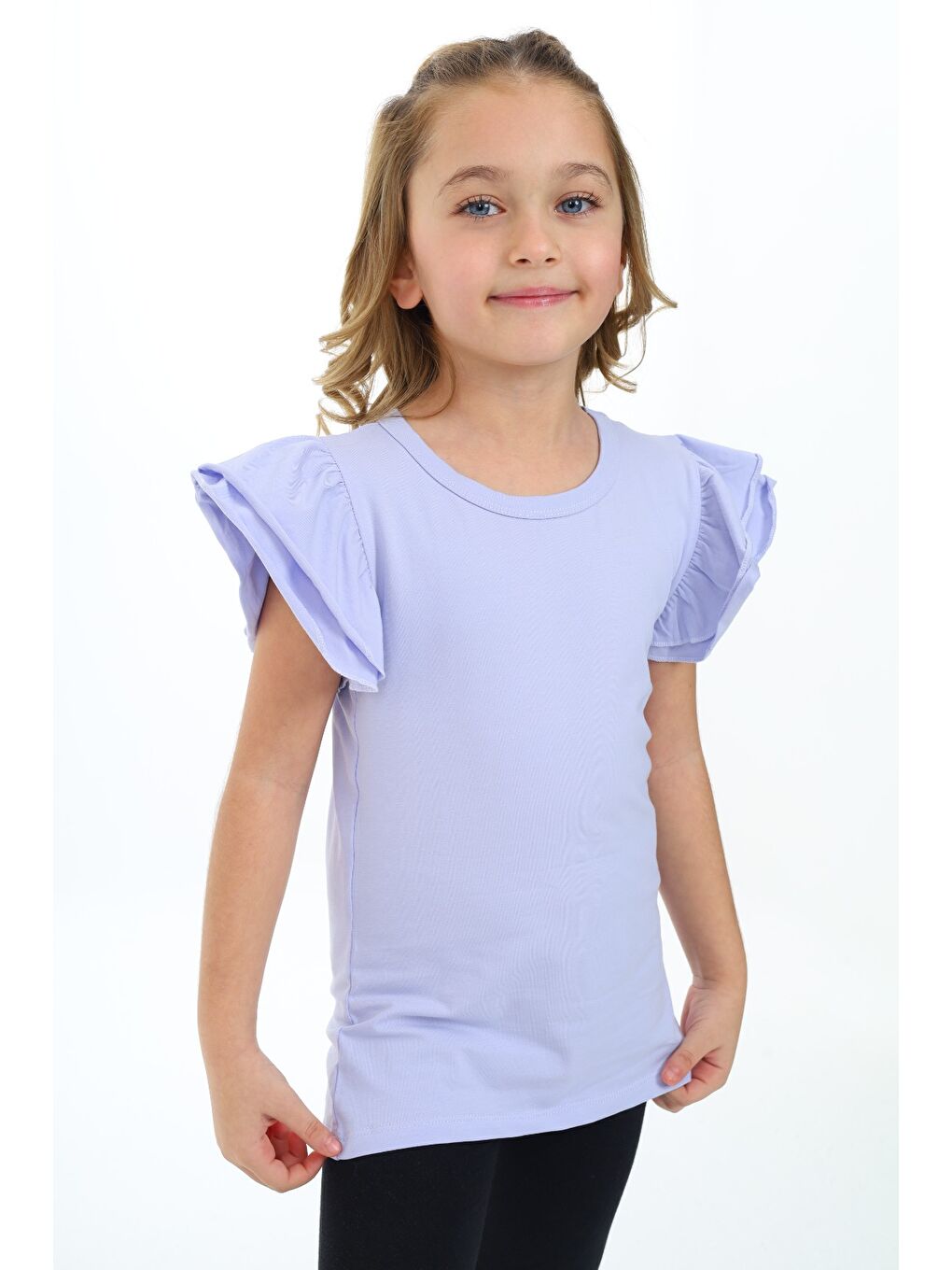 Lila Kız Çocuk Baskılı Bisiklet Yaka Kolu Fırfırlı Tişört-1