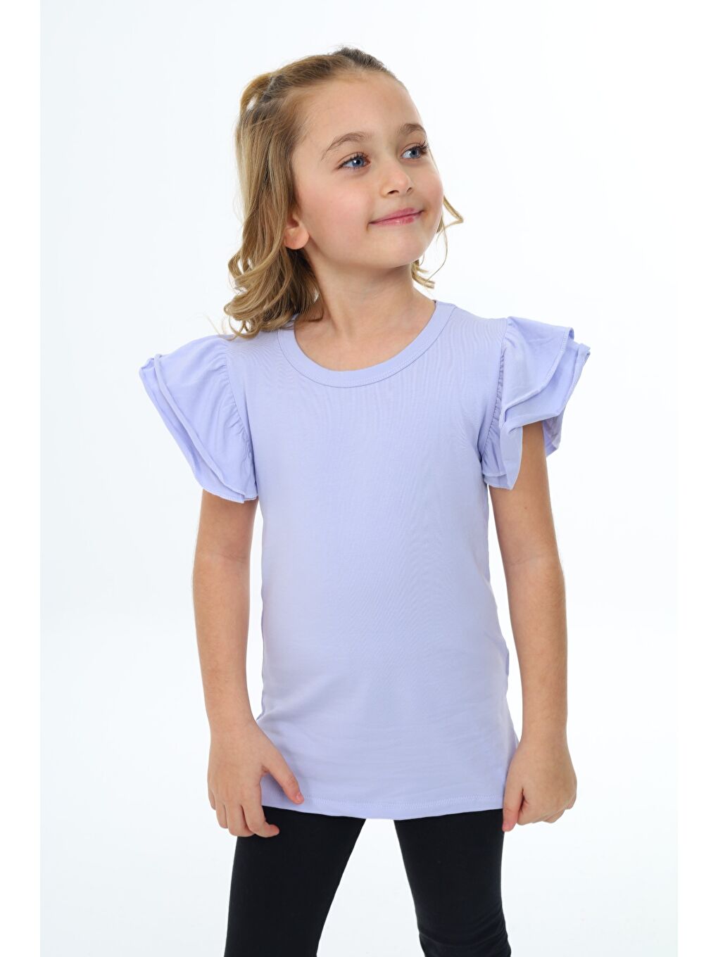 Lila Kız Çocuk Baskılı Bisiklet Yaka Kolu Fırfırlı Tişört-2