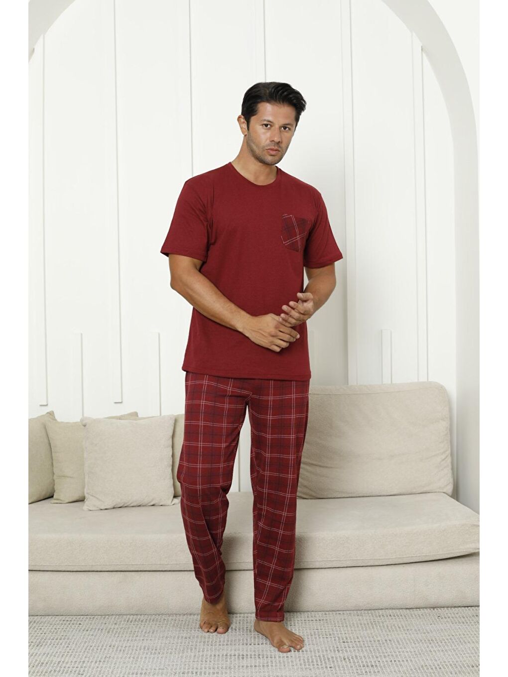 Bordo Erkek %100 Organik Doğal Pamuk Ekose Cep Detaylı Yüksek Kalite Kısa Kollu Pijama Takımı-3