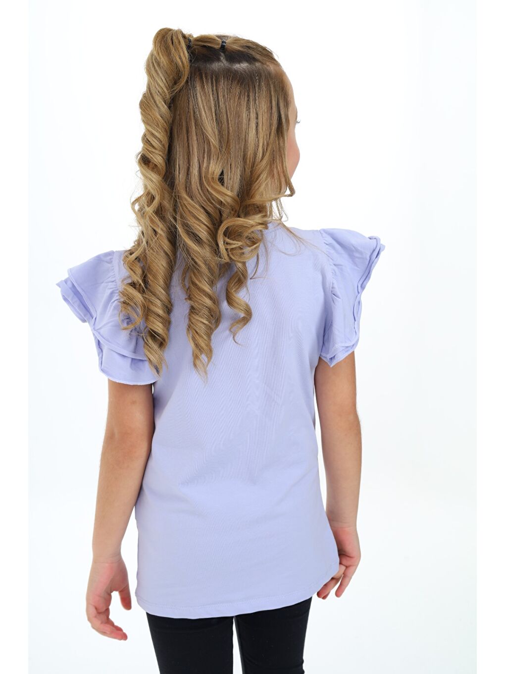 Lila Kız Çocuk Baskılı Bisiklet Yaka Kolu Fırfırlı Tişört-3