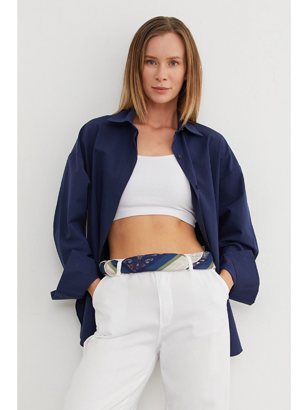 Lacivert Basic Yırtmaçlı Oversize Gömlek-2