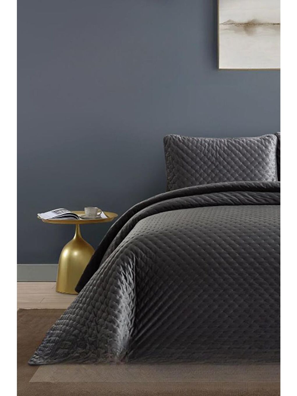 Bianca Tek Kişilik Lüks Kadife Yatak Örtüsü Antrasit