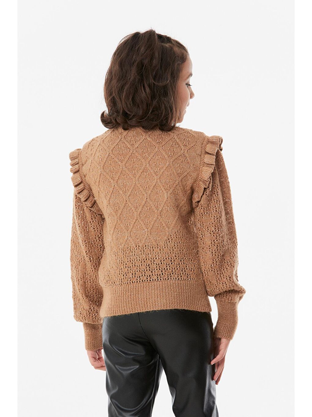 Sarı Simli Yaka ve Omuzları Fırfırlı Kız Çocuk Kazak-3