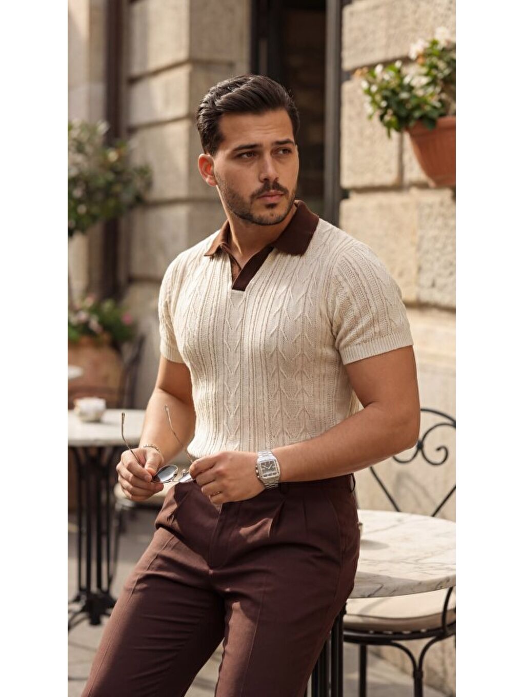 Bej Erkek Polo Yaka Triko Tişört-1