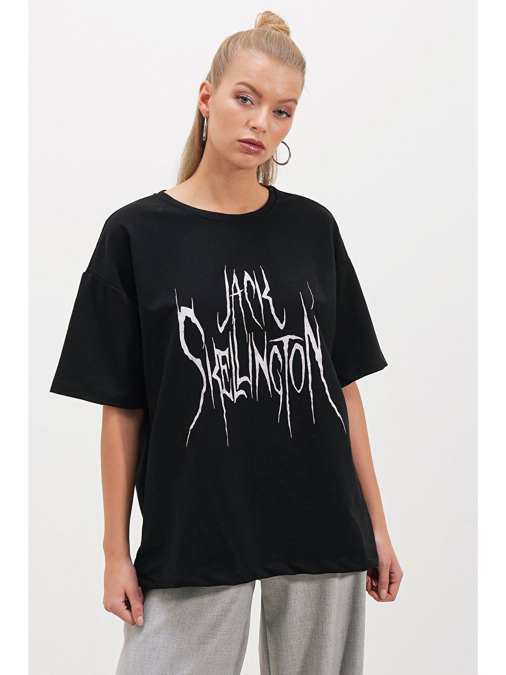 Siyah İki İplik Jack Skellıngton Baskı T-SHİRT-2