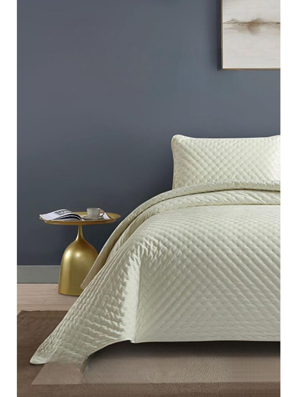 Ekru Bianca Tek Kişilik Lüks Kadife Yatak Örtüsü Krem